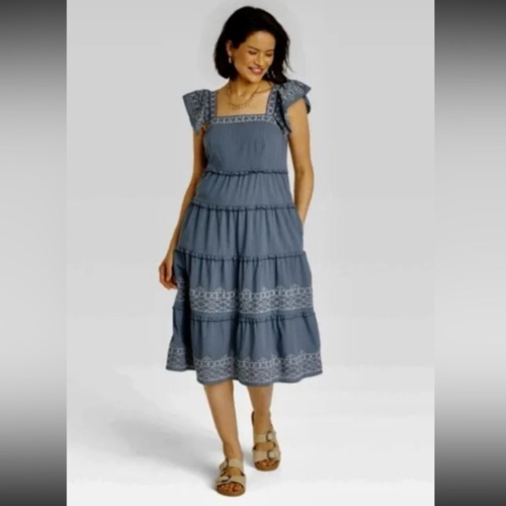 Knox Rose Blue Tiered Midi Dress with Embroidered Trim
